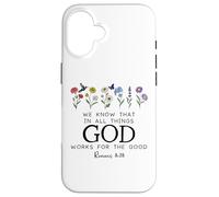 Christian Bible Verse Romans 8:28 We Know God Works for Good Carcasa para iPhone 16