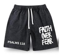 Christian Faith Over Fear Graphic Shorts for Men, Vintage Acid Wash Short, Mens Gym Sport Shorts with Pockets (Black,S)