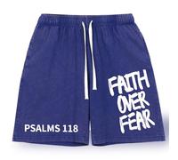 Christian Faith Over Fear Graphic Shorts for Men, Vintage Acid Wash Short, Mens Gym Sport Shorts with Pockets (Blue,3XL)