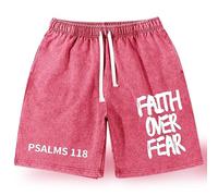 Christian Faith Over Fear Graphic Shorts for Men, Vintage Acid Wash Short, Mens Gym Sport Shorts with Pockets (Pink,S)