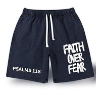 Christian Faith Over Fear Graphic Shorts for Men, Vintage Acid Wash Short, Mens Gym Sport Shorts with Pockets (Navy Blue,M)