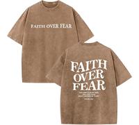 Christian Faith Over Fear Shirt for Men - Jesus Shirt, Jesus Christian Religious Tees Acid Wash God T-Shirt (Brown,XXL)
