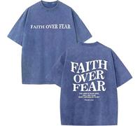 Christian Faith Over Fear Shirt for Men - Jesus Shirt, Jesus Christian Religious Tees Acid Wash God T-Shirt (Blue,L)