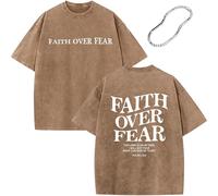 Christian Faith Over Fear Shirt for Men - Jesus Shirt, Jesus Christian Religious Tees Acid Wash Short Sleeve Tops (Brown,XXL)