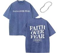 Christian Faith Over Fear Shirt for Men - Jesus Shirt, Jesus Christian Religious Tees Acid Wash Short Sleeve Tops (Blue,S)