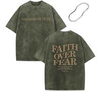 Christian Faith Over Fear Shirt for Men - Jesus Shirt, Jesus Christian Religious Tees Acid Wash Short Sleeve Tops (Green,S)