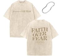 Christian Faith Over Fear Shirt for Men - Jesus Shirt, Jesus Christian Religious Tees Acid Wash Short Sleeve Tops (Khaki,S)