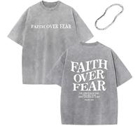 Christian Faith Over Fear Shirt for Men - Jesus Shirt, Jesus Christian Religious Tees Acid Wash Short Sleeve Tops (Gray,M)