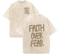 Christian Faith Over Fear Shirt for Men, Oversized Jesus Shirts Christian Graphic Tees Acid Wash tee Tops (Khaki-B,3XL)