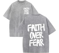 Christian Faith Over Fear Shirt for Men, Oversized Jesus Shirts Christian Graphic Tees Acid Wash tee Tops (Gray-A,XL)