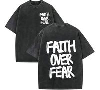 Christian Faith Over Fear Shirt for Men, Oversized Jesus Shirts Christian Graphic Tees Acid Wash tee Tops (Black-B,XXL)