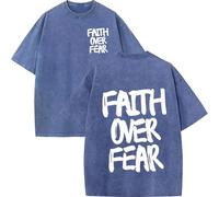 Christian Faith Over Fear Shirt for Men, Oversized Jesus Shirts Christian Graphic Tees Acid Wash tee Tops (Blue-A,XXS)