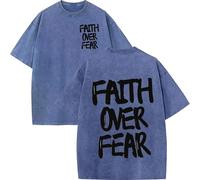 Christian Faith Over Fear Shirt for Men, Oversized Jesus Shirts Christian Graphic Tees Acid Wash tee Tops (Blue-B,XL)