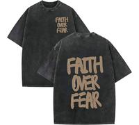 Christian Faith Over Fear Shirt for Men, Oversized Jesus Shirts Christian Graphic Tees Acid Wash tee Tops (Black-C,L)