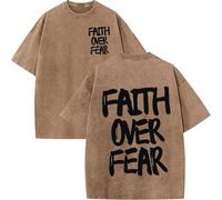 Christian Faith Over Fear Shirt for Men, Oversized Jesus Shirts Christian Graphic Tees Acid Wash tee Tops (Coffee-B,XL)