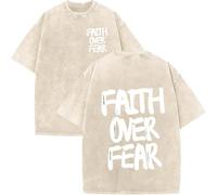 Christian Faith Over Fear Shirt for Men, Oversized Jesus Shirts Christian Graphic Tees Acid Wash tee Tops (Khaki-A,XXL)