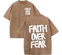 Christian Faith Over Fear Shirt for Men, Oversized Jesus Shirts Christian Graphic Tees Acid Wash tee Tops (Coffee-A,M)