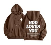 Christian God Loves You - Sudadera lisa con capucha para mujer, diseño de letras de Jesús, sudadera con capucha y diseño de dibujos animados de Jesús occidental con capucha cómoda, café, S