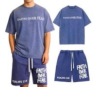 Christian Shirt for Men, Faith Over Fear Graphic Tees and Shorts, Acid Washed Graphic Cotton T-Shirt (Blue,L)