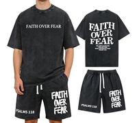 Christian Shirt for Men, Faith Over Fear Graphic Tees and Shorts, Acid Washed Graphic Cotton T-Shirt (Black,L)