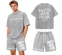 Christian Shirt for Men, Faith Over Fear Graphic Tees and Shorts, Acid Washed Graphic Cotton T-Shirt (Gray,XL)