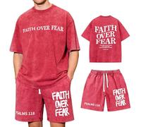Christian Shirt for Men, Faith Over Fear Graphic Tees and Shorts, Acid Washed Graphic Cotton T-Shirt (Pink,XL)