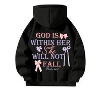 Christian Sudadera con capucha para mujer con capucha God is Within Her She Will Not Fall Long Sleeve Oversize Sweatshirts Print Top Zip-Up Neckline Inspirational Top for Faith-Conscious Fashion