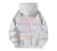 Christian Sudadera con capucha para mujer con capucha God is Within Her She Will Not Fall Long Sleeve Oversize Sweatshirts Print Top Zip-Up Neckline Inspirational Top for Faith-Conscious Fashion
