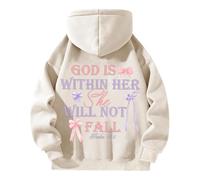Christian Sudadera con capucha para mujer con capucha God is Within Her She Will Not Fall Long Sleeve Oversize Sweatshirts Print Top Zip-Up Neckline Inspirational Top for Faith-Conscious Fashion