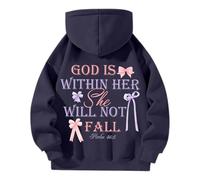Christian Sudadera con capucha para mujer con capucha God is Within Her She Will Not Fall Long Sleeve Oversize Sweatshirts Print Top Zip-Up Neckline Inspirational Top for Faith-Conscious Fashion