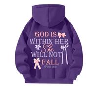 Christian Sudadera con capucha para mujer con capucha God is Within Her She Will Not Fall Long Sleeve Oversize Sweatshirts Print Top Zip-Up Neckline Inspirational Top for Faith-Conscious Fashion