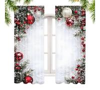 Christmas Ball Print Curtains - Christmas Drapes, 2 Pieces Holiday Balls Printing Window Cover with Snowflake and Pine Branch Pattern, 2D Flat Printed Holiday Drap | For Bedroom Living Room Indoor