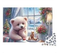 Christmas Bear Window Colourful Cute Pink Teddy Bear 1000 Pieces Adult Jigsaws Birthday Fun Activity for Rainy Days 38x26cm/1000pcs