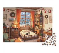 Christmas Bedroom Jigsaw Puzzles 1000 Piezas Recycled Winter Cozy Art Mayor Puzzles Accesorios para Juegos de Fiesta Great Gift Idea for Family and Friends Birthdays 38x26cm/1000pcs