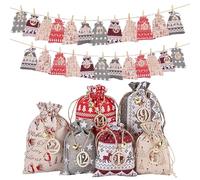 Christmas Candy Bag, 24 Days Countdown to Christmas, Reusable Burlap Bags, Drawstring Gift Bags, for Adults, for Kids, Christmas Home Christmas Holiday Countdown Bags, Christmas Decor Bags