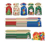Christmas Candy Bags, 50 Pieces Reusable Packaging, Holiday Treat Pouches Featuring Drawstring Seal, Snack Wrapper with Festive Prints, Party Bag for Popcorn Halloween Birthday Classroom Event