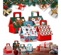 Christmas Candy Boxes, 50 Pack Holiday Wrapping Boxes, Goodie Containers, Goody Boxes, Holiday Goodie Boxes, House-Shaped Holiday Wrapping Boxes with Handles, 4 Patterns for Treat Cookie Candy