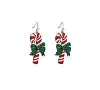 Christmas Candy Cane Dangle Earrings for Women & Girls - Gold/White/Red Design with Green Bowknot, Delicate Holiday Pendant Jewelry, Festive Christmas