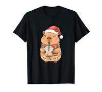 Christmas Capybara Santa Hat with Bubble Tea Xmas Lights Camiseta