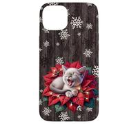 Christmas Cat Stuff Red Poinsettia Flowers Winter Snowflake Carcasa para iPhone 15 Plus