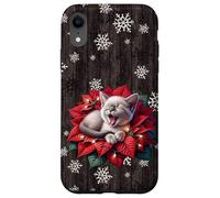 Christmas Cat Stuff Red Poinsettia Flowers Winter Snowflake Carcasa para iPhone XR
