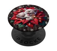 Christmas Cat Stuff Red Poinsettia Flowers Winter Snowflake PopSockets PopGrip Adhesivo