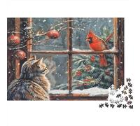 Christmas Cat Window 100% Recycled Cardboard Cat & Cardinal by Window 1000 Piece Jigsaw for Adults Unique Beautiful Decoration Puzzle 52x38cm/1000pcs