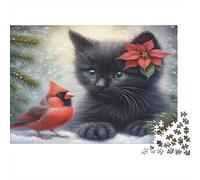 Christmas Cat with Bird 100% Recycled Cardboard Black Kitten & Cardinal 1000Pc Puzzle Adults and Children Challenging & Brainteasing 52x38cm/1000pcs
