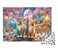 Christmas Cats Rompecabezas clásico de cartón Tres Gatitos en Pueblo navideño nevado, Entretenimiento Interactivo contra el aburrimiento 52x38cm/1000 Piezas