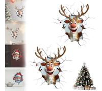 Christmas Creative Wall Sticker, Large 3D Santa Claus & Reindeer Wall Decals, Break-The-Walls Santa Claus 3D Walls Decal, for Window Living Room Bedroom Party Decor (2PCS-2)