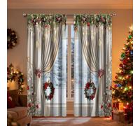 Christmas Curtains - Reusable Festive Drapes with Pine Branch Print, Soft 2D Art Panels, Holiday Window Decoration for Living Spaces, Bedrooms, Shops, Indoor Outdoor Display | Scenic Drapes for Family