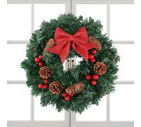 Christmas Decorative Wreath - Artificial Pine Bough, Red Bow for Door | Artificial Pine | Christmas Door Wreath Holiday Greenery Garland | Red Berries & Bow Accent for Wall, Fireplace, Home