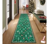 Christmas Deer Santa Long Rug, Festive Soft Washable Holiday Carpet, Reindeer Non-Slip Floor Carpets Ornaments for Living Room Kitchen Hallway Entryways