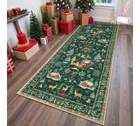 Christmas Deer Santa Long Rug, Festive Soft Washable Holiday Carpet, Reindeer Non-Slip Floor Carpets Ornaments for Living Room Kitchen Hallway Entryways